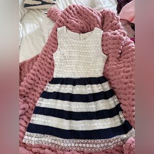 Freeway White Floral Crochet & Navy Striped Fit & Flare Dress